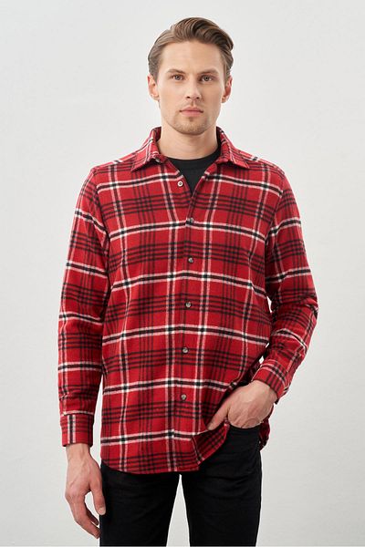 İmza Light Red Shirt with Soft Neckline Plaid Print - Long Sleeve, Pocketless, Casual Comfort Fit 1004245227