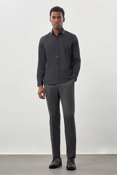 İmza Stretchy Slim Fit Dark Anthracite πουκάμισο - Μακρύ μανίκι, σκληρός γιακάς, χωρίς τσέπες, υφασμάτινο πόδι - 1004245223 _070