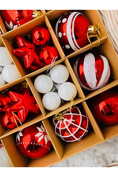 Derin Düşler Christmas Pine Tree Ornament - Red and White Motif, 3-4-6 Cm, 42 Pieces