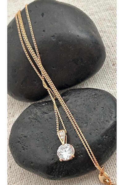 juleeco Zirkon Tek Taş Rose Rodyum Kolye (XUPİNG)