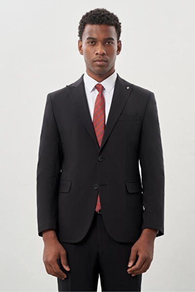 İmza Siyah Düz Kılıç Yaka Yünlü 6 Drop Slim Fit Classic Takım Elbise 1001245179
