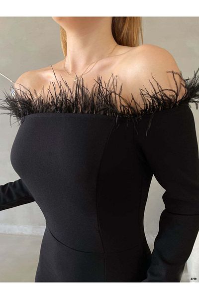 LUCK Rochie de damă cu mânecă lungă, guler Madonna, cu pene, cu fantă neagră
