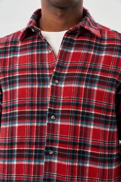 İmza Kırmızı Yünlü Ekose Desen Yumuşak Yaka Cepsiz Uzun Kol Casual Comfort Fit Gömlek 1004245227