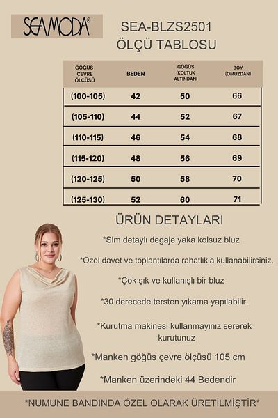 Seamoda Plus Size Degaje Collar Silvery Sleeveless 4 Seasons Comfortable Use Stylish Blouse