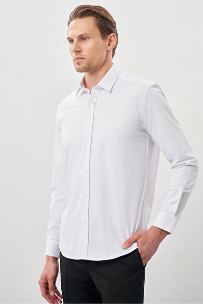 İmza Σκληρό γιακά Λευκό μακρυμάνικο βαμβακερό πουκάμισο Lycra - Slim Fit 1004245234