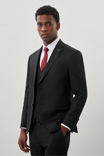 İmza Siyah Bez Ayağı Kılıç Yaka Tam Astar Yelekli 6 Drop Slim Fit Takım Elbis...