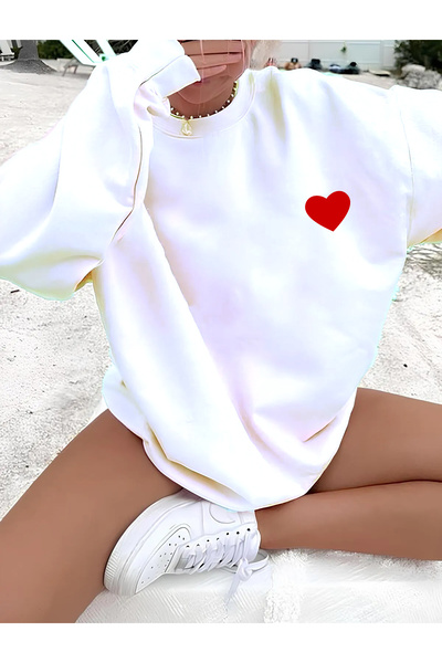 BW Bravely Wear Βαμβακερό Oversize Γυναικείο Φούτερ με Σχέδιο Καρδιάς - Λαιμό...