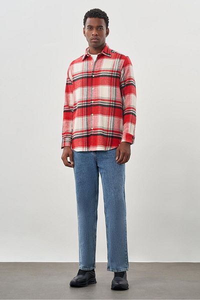 İmza Dark Red Plaid Print Soft Collar Long Sleeve Shirt - Casual Comfort Fit 1004245227