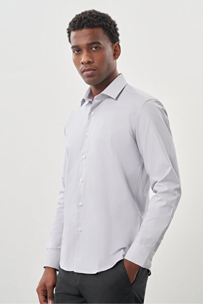 İmza Γκρι μακρυμάνικο Dobby σκληρό γιακά χωρίς τσέπη Βαμβακερό κλασικό πουκάμισο με λεπτή εφαρμογή