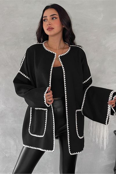 FEMELLE Kimono negru de damă, mărime standard, cu buzunar dublu, cusătură pastorală, cu accesorii pentru șal