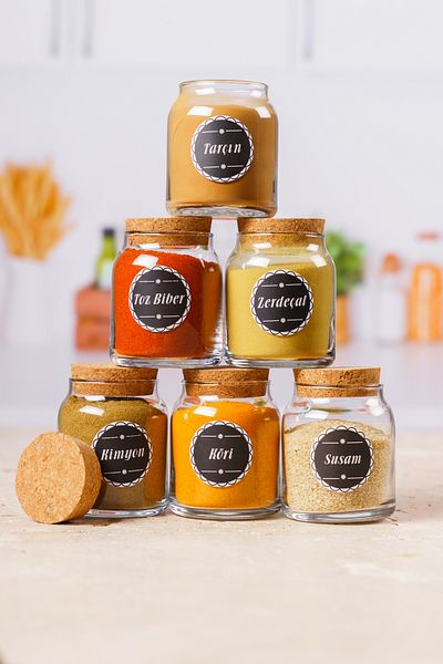 KRM HOME 6 Pieces Small Size Glass Jar Set with Cork Lids 300 Ml, 12-Piece Spice Rack, Black Label
