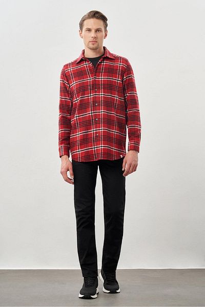 İmza Light Red Shirt with Soft Neckline Plaid Print - Long Sleeve, Pocketless, Casual Comfort Fit 1004245227
