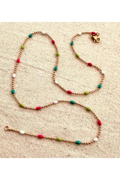 juleeco Renkli Büyük Boncuklu Rose Rodyum Kaplama Kolye