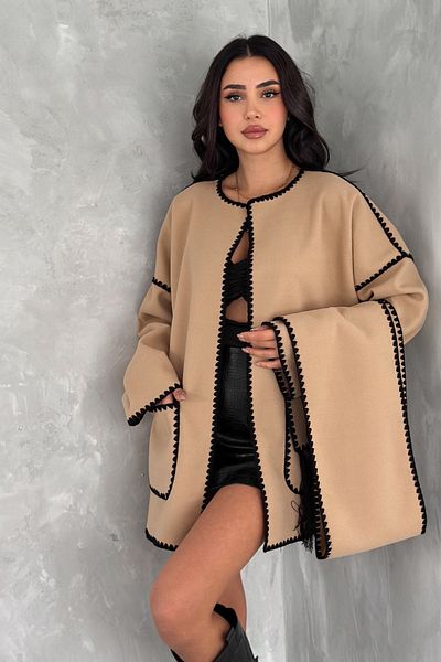 FEMELLE Kimono de damă, bej, mărime standard, cu buzunar dublu, cusătură pastorală, cu accesorii pentru șal