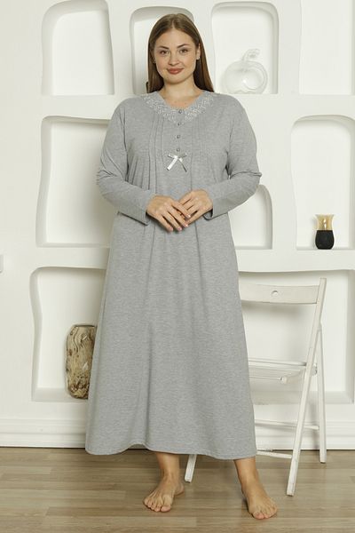 ERDENİZ TEKSTİL Women's Long Sleeve Oversize Cotton Button Collar Nightgown