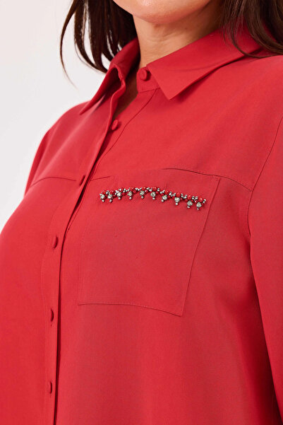 Gala-Xi Galaxi Women's Plus Size Stone Detailed Button up Shirt 4020 Red