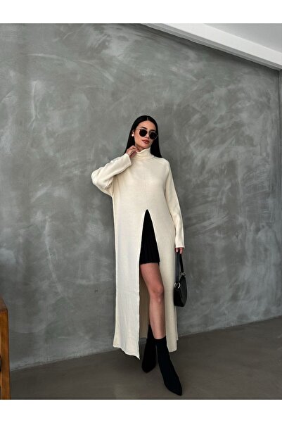 128ve980 Women's High-Top Front Slit Detail Long Sleeve Ecru Knitwear Dress