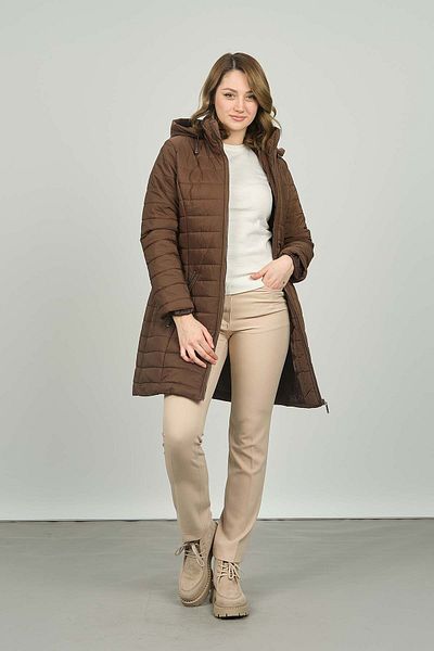 Veger Women's Quilted Coat with Hood 3422 - Double Pockets, Brown