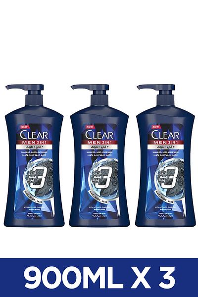 Clear Men 3in1 Shampoo For Hair, Face & Body, Charcoal, Dandruff-free Hair & Moisturized Skin, 900ml X3