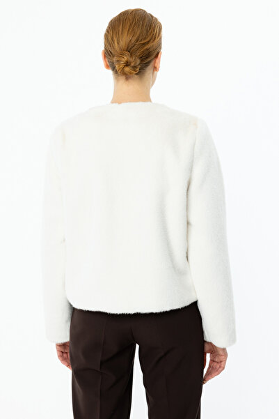 Ekol Plush Coat 7041 - Women'S, Button Detail, Ecru