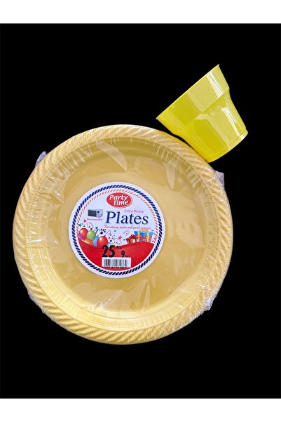 partideyince PLASTİK SERT TABAK BARDAK ÇATAL KAŞIK SARI RENK 25 KİŞİLİK SET