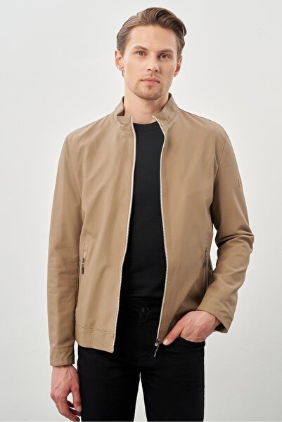 İmza Μπεζ Slim Fit Casual Δερμάτινο Παλτό - Δικαστικός γιακάς, Επίπεδος Σχισμή, Πλήρης Φόδρα 1038245152