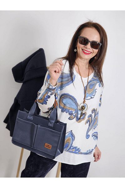 Felix Butik Feli̇x13034 Imported White Blouse with Indigo Shawl Pattern and Inner Necklace