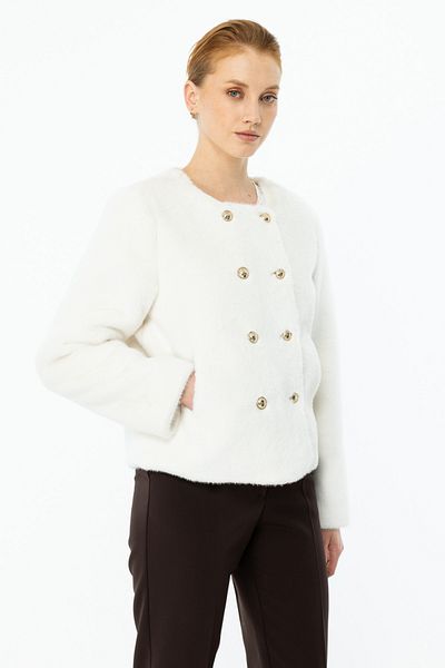 Ekol Plush Coat 7041 - Women'S, Button Detail, Ecru