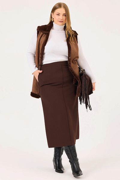 Gala-Xi Galaxi Women's Large Size Pocket Midi Skirt 4004 Brown