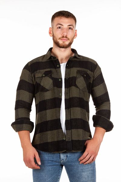 BENESSE Πουκάμισο Unisex Ξυλοκόπο με μοτίβο χακί με λεπτή εφαρμογή