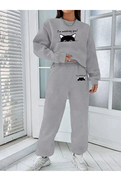 Frisson Σετ φούτερ και παντελόνι τζόγκερ με στάμπα γάτας, άνετη εφαρμογή