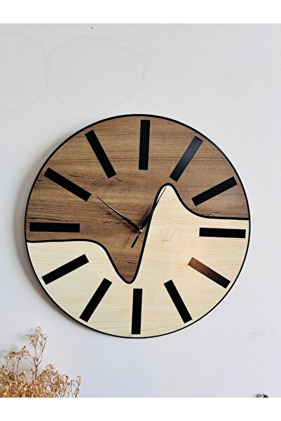 esamore concept Dekoratif Duvar Saati Ahşap Modern - Çift Renkli Ahşap Rustik...