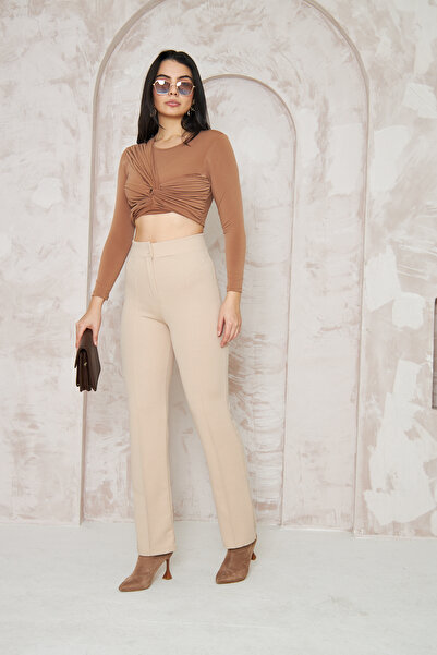 THIFF GYMWEAR Likralı Bej Kadın Palazzo Pantolon