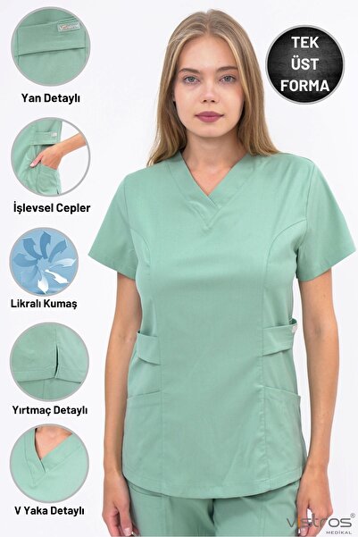 Vistros Medikal Likralı Üst Kısa Kollu V Yaka Kaliteli Çağla Yeşili Scrubs He...