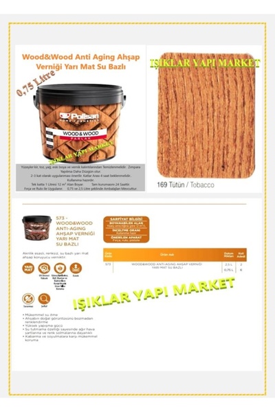 Polisan Wood&wood-Anti Aging Ahşap Verniği-Yarı Mat-Su Bazlı-0,75Litre (0,850...