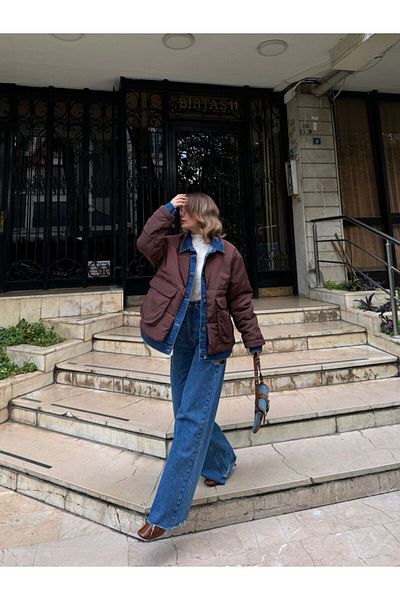 My Blog Brown Denim Detailed Large Pocket Coat-00666
