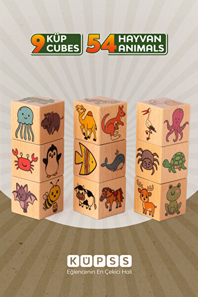 KÜPSS 54 Sevimli Hayvanlar Zeka Geliştirici Kayın Ağacından Ahşap Küp 1 2 Yaş Eğitici Oyuncak