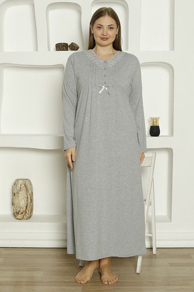 ERDENİZ TEKSTİL Women's Long Sleeve Oversize Cotton Button Collar Nightgown