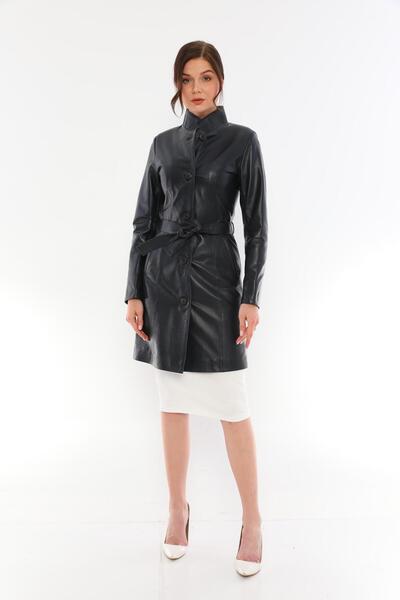 Basics&More سترة جلدية زرقاء داكنة بأزرار وحزام للنساء - B3034