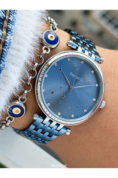 Ferrucci Blue Silver Case - Evil Eye Beaded Women's Wristwatch and Bracelet, Steel Cord Brand Handcuffs