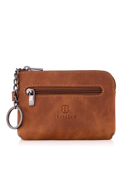 Trusador Milano Tan με φερμουάρ Mini Size Pouch Πορτοφόλι Unisex Γνήσιο δέρμα Rfid Protected