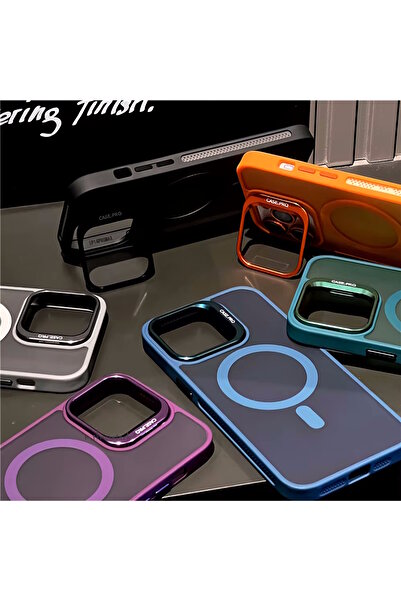 m.tk moveteck Apple İphone 16 Pro Uyumlu Kılıf Standlı Mat Magsafe Metal Tuşlu Kamera Lens Hediyeli Flet Kapak