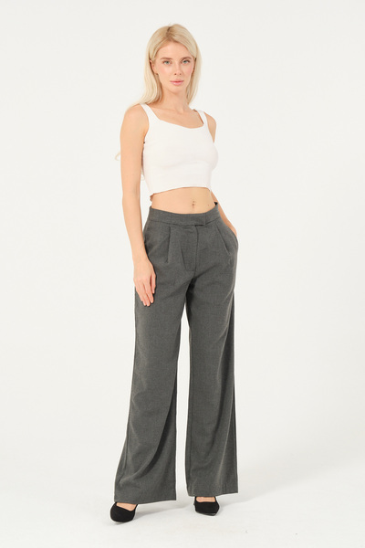 eva clothing Women's Gray Wool Blend Pleated Belt Detailed Trousers 1234735 Eva-1