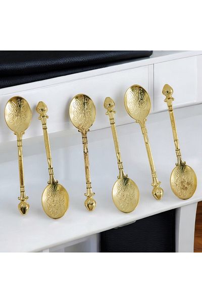 CHANCE GİFT Vintage 6-Piece Tea & Coffee Spoon Gold Jam Spoon Spice Spoon Luxury Spoon Decorative Presentation Spoon