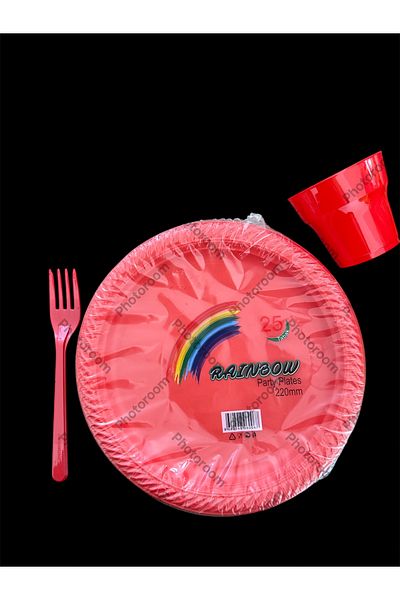 partideyince Plastic Hard Plate Cup Fork Red Color Set of 25