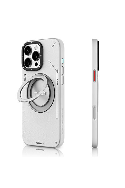 Youngkit iPhone 16 Pro Kılıf Magsafe Şarj Özellikli 360 Standlı Deri Desenli Youngkit Tech Leather Serisi Gri