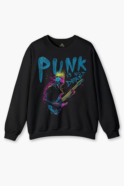 so cool Punk Is Not Dead - Mohawk Print Black Sweatshirt, Guitar Skeleton Print Rock Music Merchandise