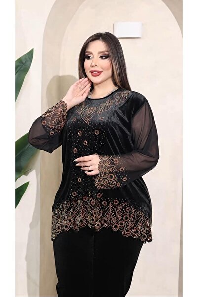 Kokostrendi Plus Size Tulle Sleeve Crystal Stone Velvet Set - Black Gold