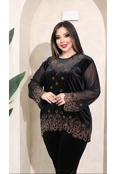 Kokostrendi Plus Size Tulle Sleeve Crystal Stone Velvet Set - Black Gold