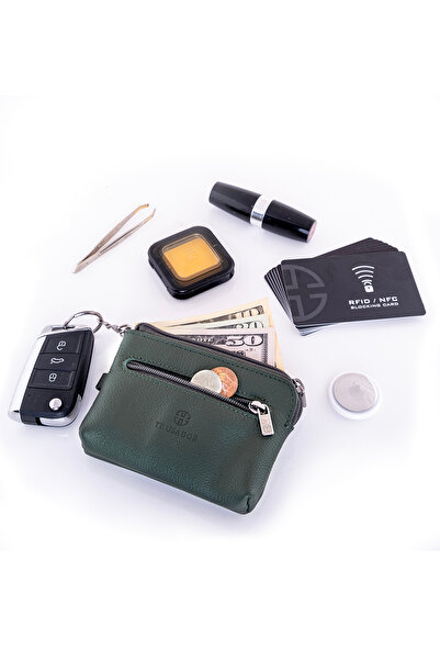 Trusador Milano Green Zippered Mini Size Pouch Wallet Unisex Genuine Leather Rfid Protected